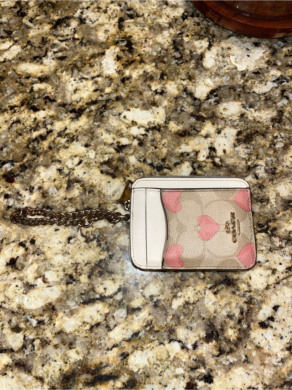 Coach Beige Card Case Wallet with Pink Heart Print and Gold Chain